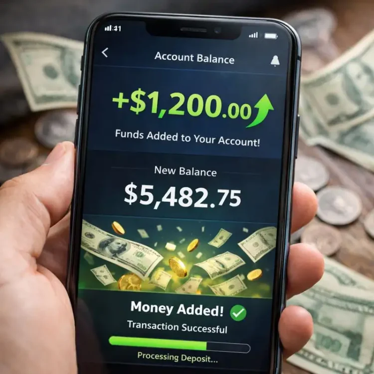 An image of a person holding a phone. Displaying on the phone is an app that is making money.