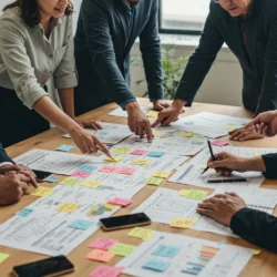 Red C team around a desk planning to build an application for a client.