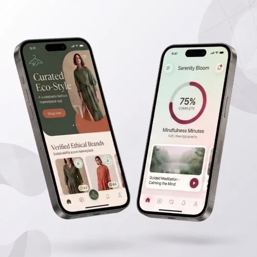Two phones floating with beautifully designed apps displaying on them
