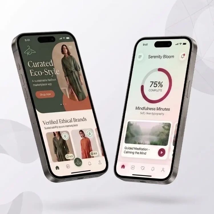 Two phones floating with beautifully designed apps displaying on them