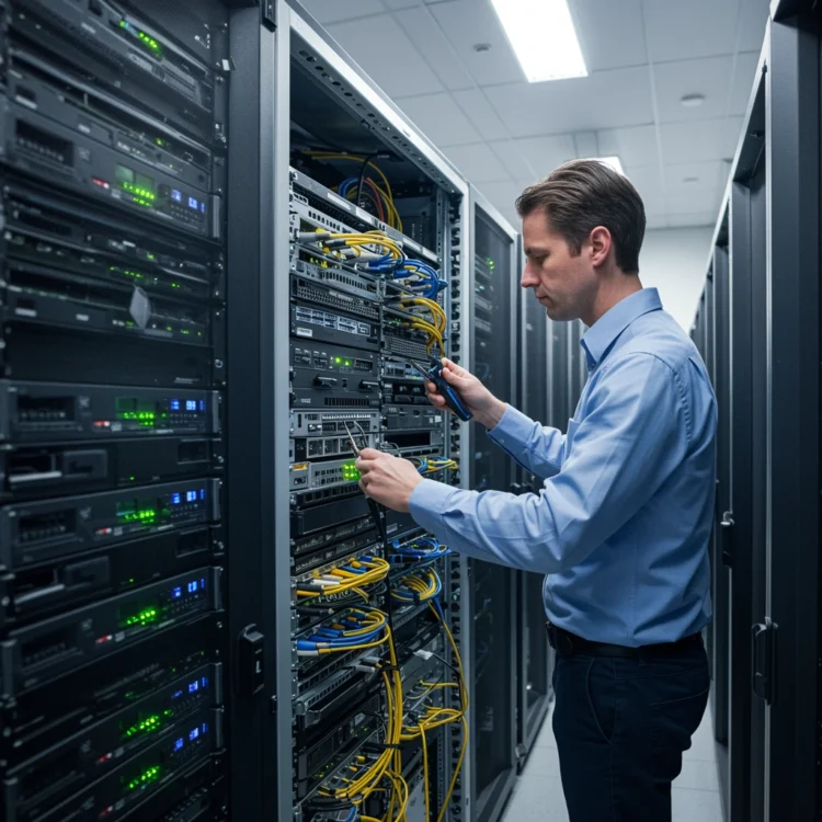 An image of a man repairing servers.