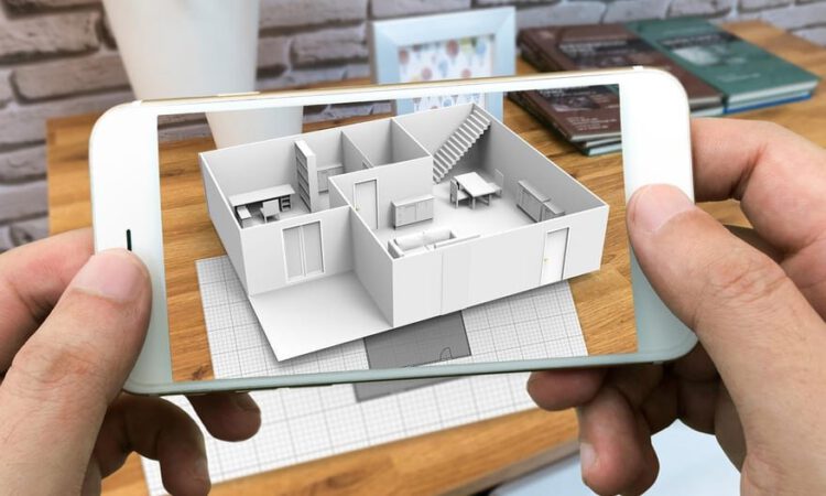 A man holding a phone using its AR features.