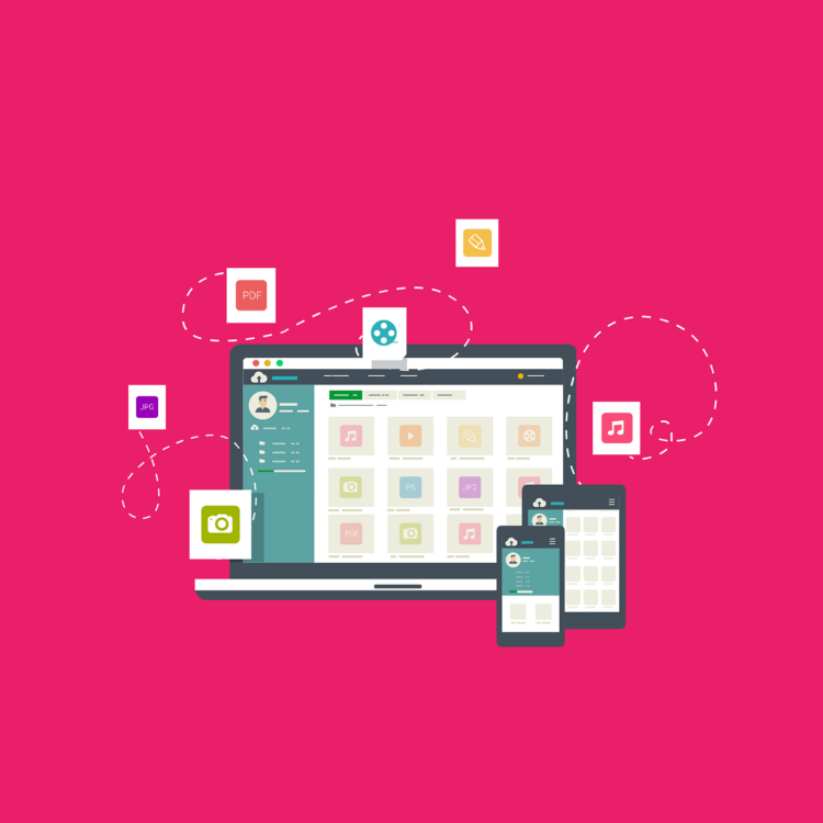 A professional illustration of a laptop, tablet and phone.