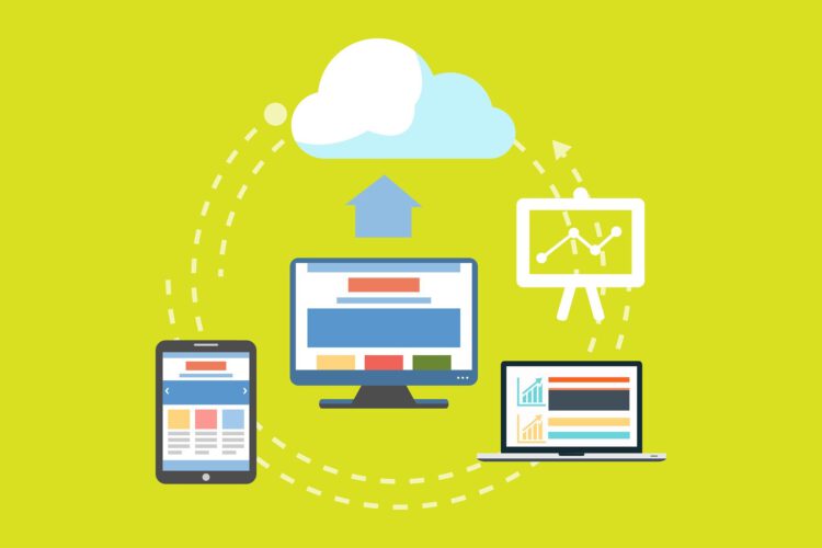 A professional illustration of a laptop, tablet, cloud and phone.