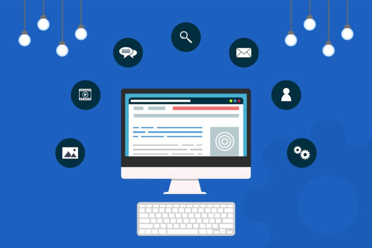A professional illustration of a computer screen displaying a website with a keyboard next to it.