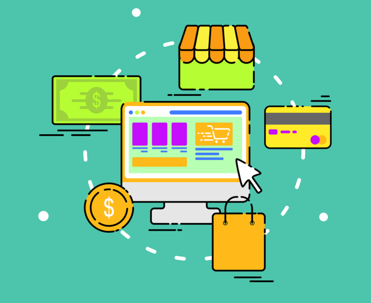 A professional illustration of a computer displaying a website with a shopping bag, money and a shop floating around it.