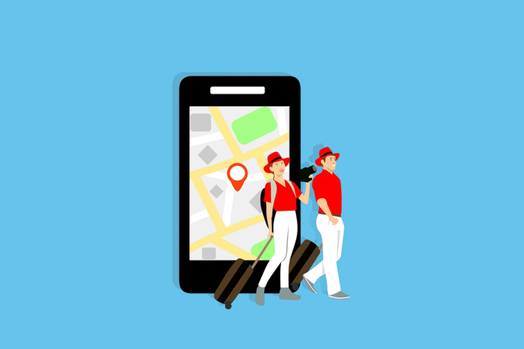 A professional illustration of a phone with two tourist on a blue background.