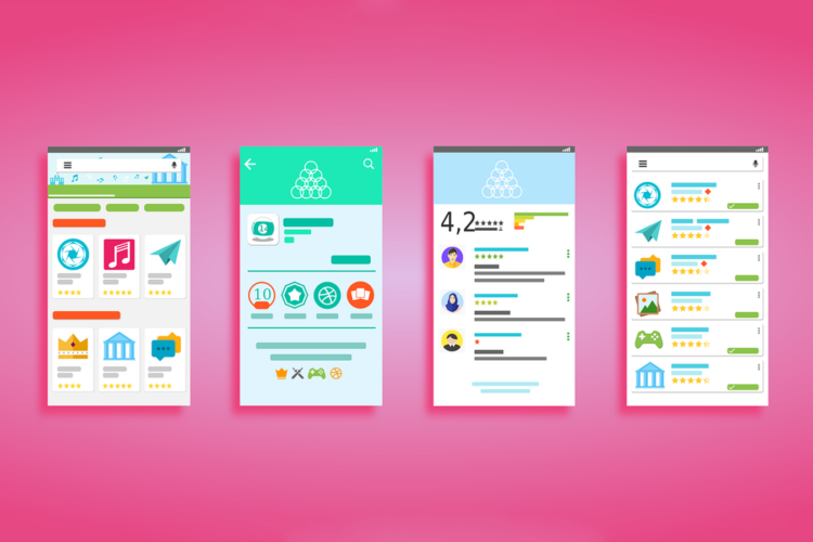A professional illustration of 4 phones on the app store.
