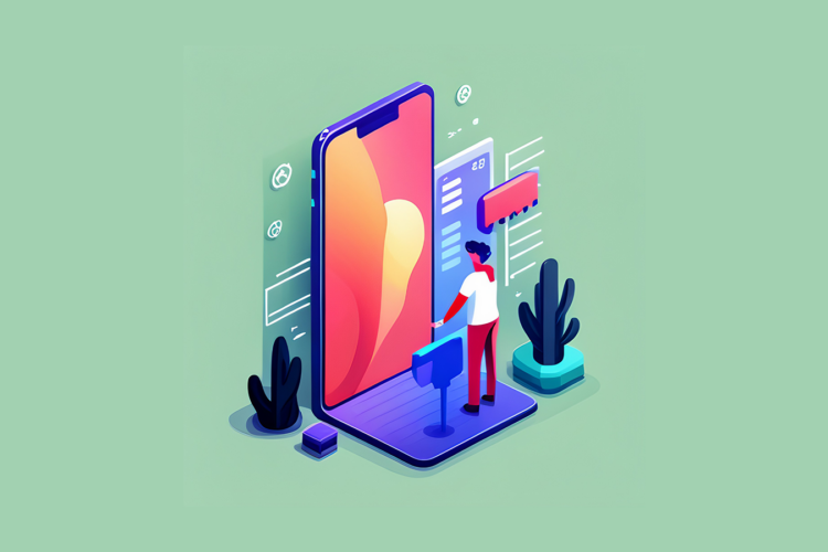 A professional illustration of a human looking at a huge phone.