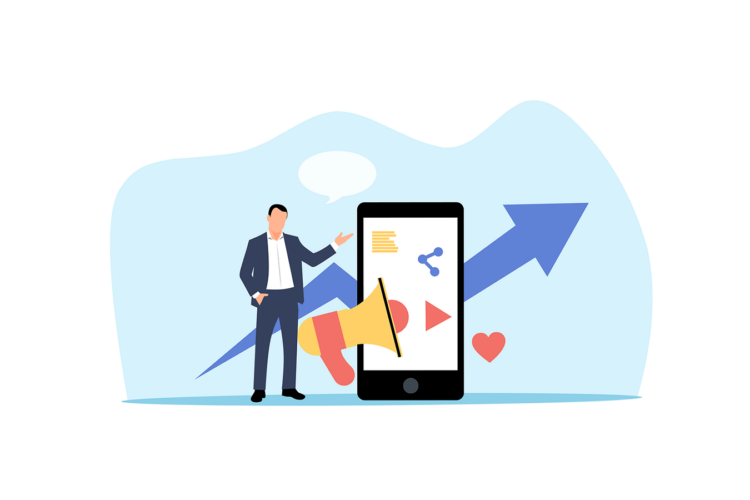 A professional illustration of a man in a suit standing next to a phone.