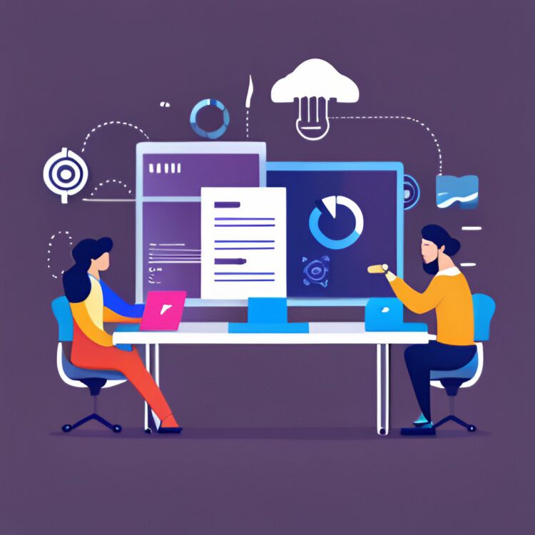 A professional illustration of 2 people sitting at a table on their laptops