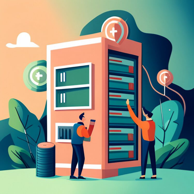 An arty illustration of two men checking a website server.