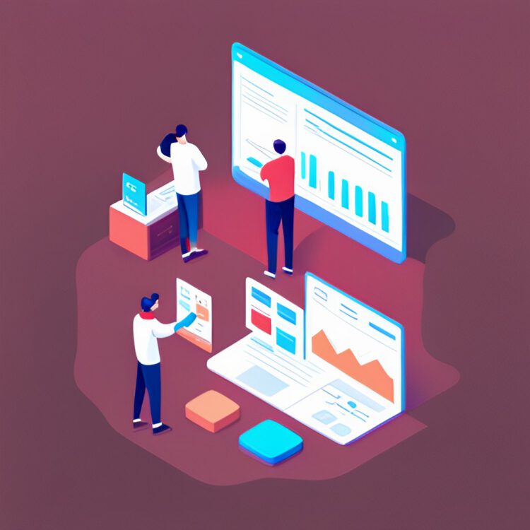 A professional illustration of 3 people editing floating screens.