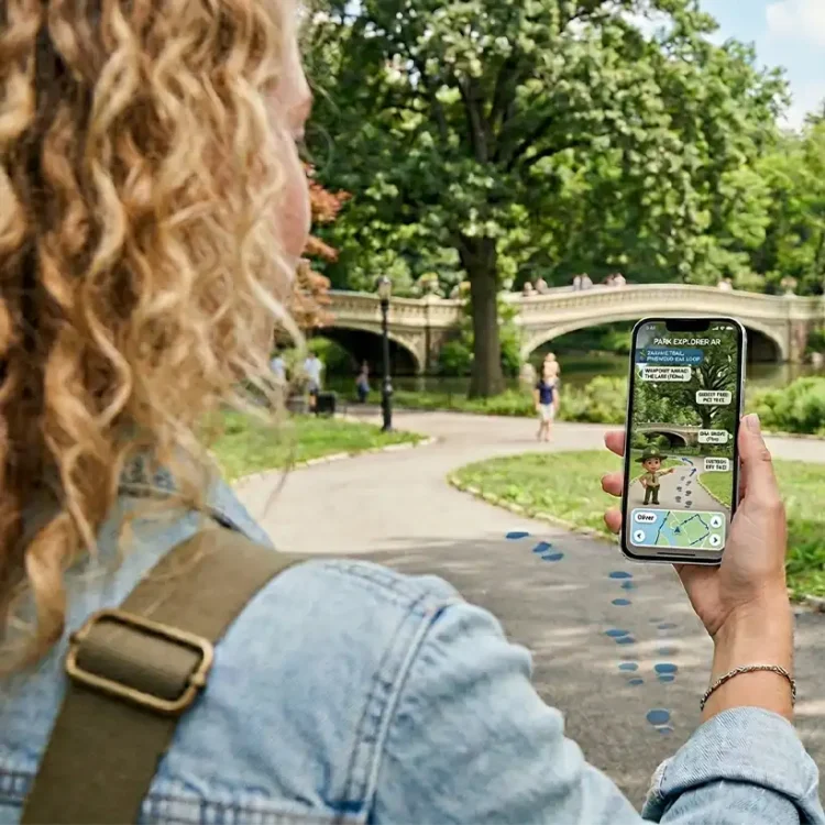 Blonde woman looking at her phone using AR.