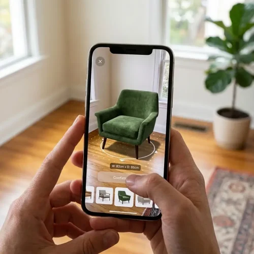 Finished AR furniture app. An image of a person holding a phone using a ar app to see if furniture will fit his room.