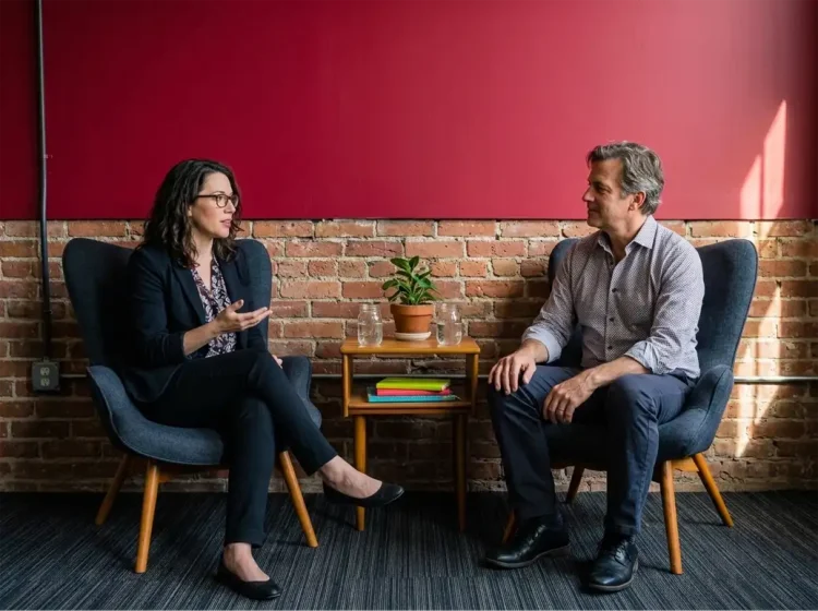 A red c developer talking to a client in the Red C office.