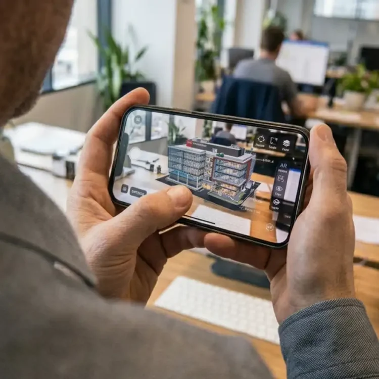 A red c developer testing an AR application.