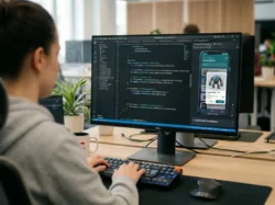A red c developer coding an app through her computer.