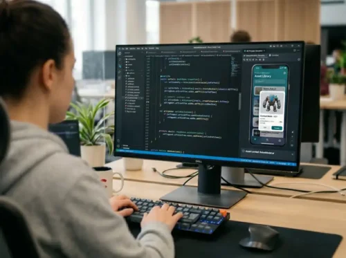 A red c developer coding an app through her computer.