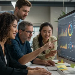 An image of a team crowded around a desk, talking to one another while looking at a computer screen.