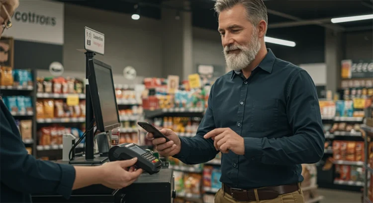 a man paying for a groceries with contactless payment.