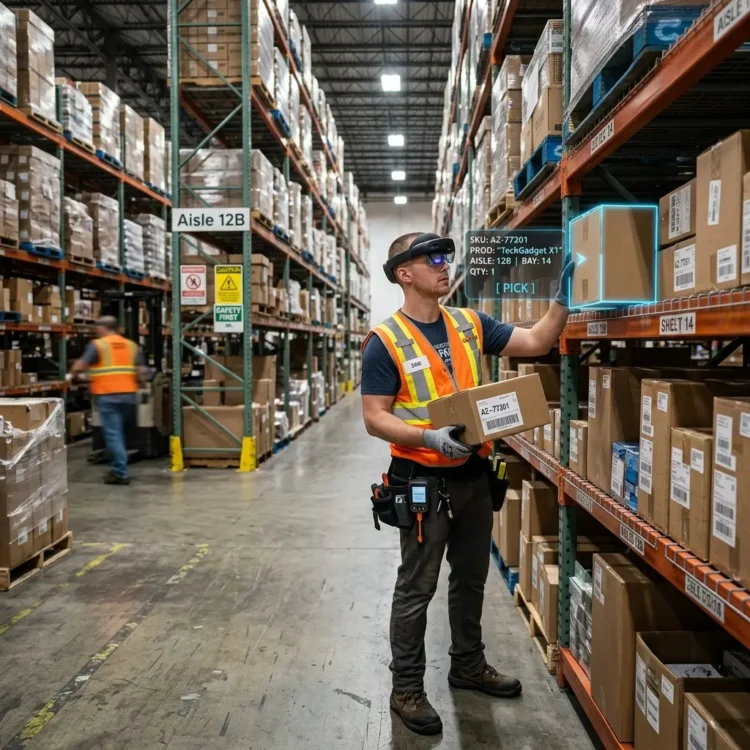A warehouse working using AR glasses to find the product he is looking for.