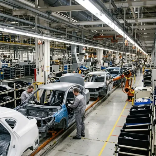 An image of a car factory assembly line.