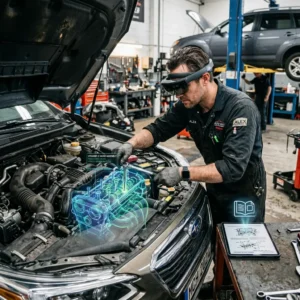A car mechanic fixing a car using AR glasses.