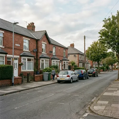 An image of UK houses with cars parked outside.