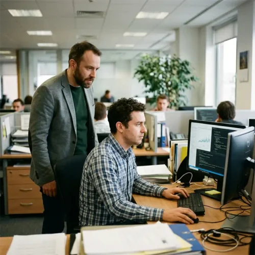 A man checking the work of an IT Employee