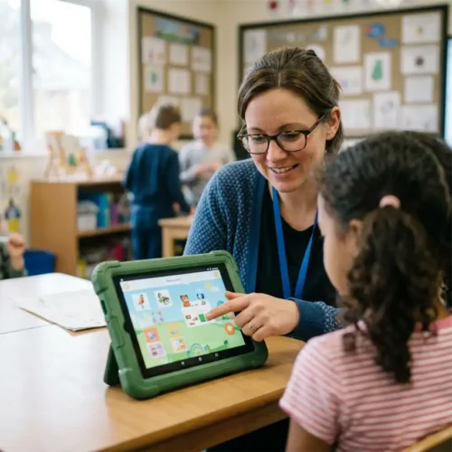 A teacher is teaching a student on a learning platform on a tablet.
