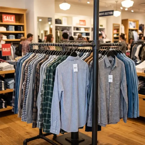 A image of male business shirts hanging from a store rack in a retail store.