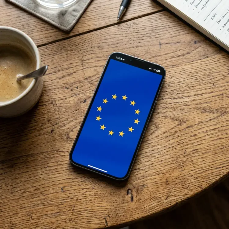 An image of the eu flag displaying on a phone, resting on a table.