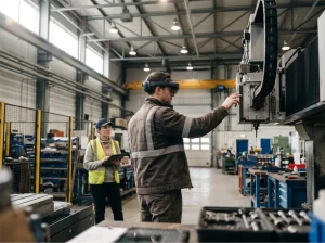 A man in manufacturing is using an AR headset to look at mechanical instruments.