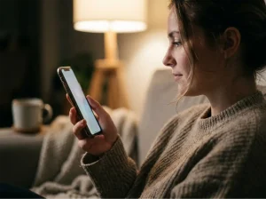 A woman looking at her phone at home at nightime.